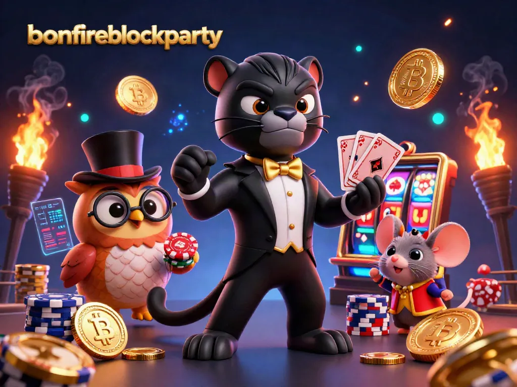 Experience excitement at bonfireblockparty with a stylish gambling scene highlighting characters, neon coins, and energetic gameplay.