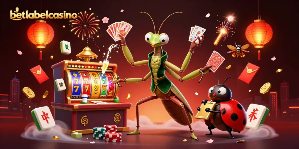 Engaging the thrill of slots gaming at betlabelcasino with a lively cartoon scene featuring a card sharp and pit boss.