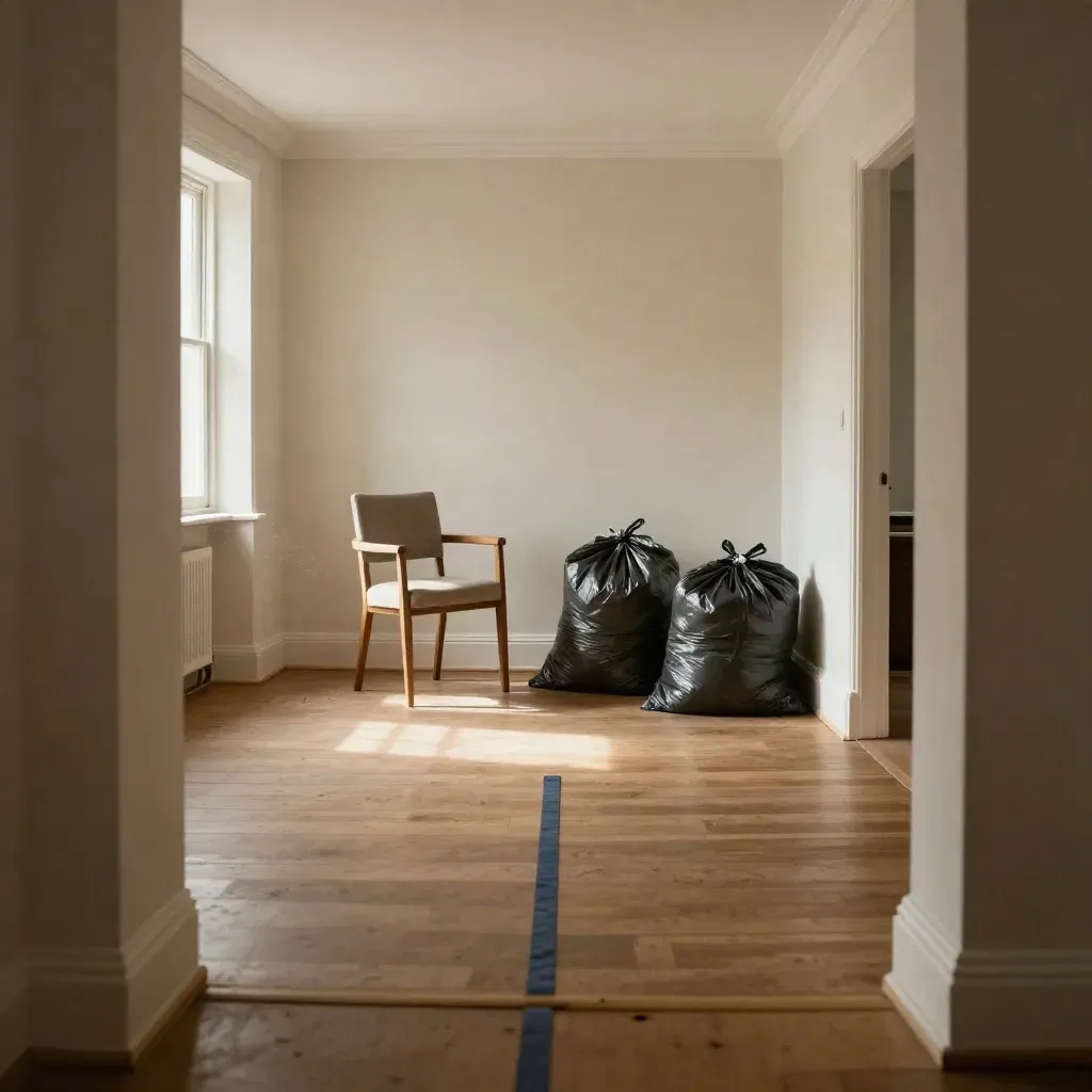 Salón vacío de piso con bolsas de residuos y una silla apartada junto a un pasillo iluminado.