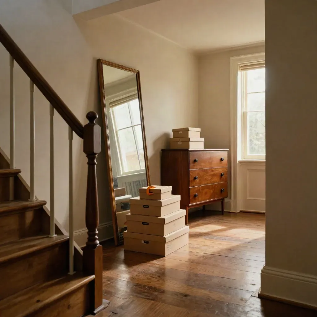 Casa familiar vaciada con escalera, espejo apoyado y cajas de libros listas para salir.