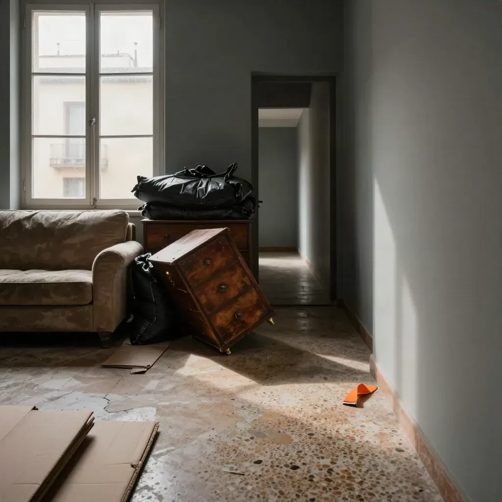Salón y pasillo de un piso madrileño a medio vaciar, con sacos, cartón y suelo de terrazo.