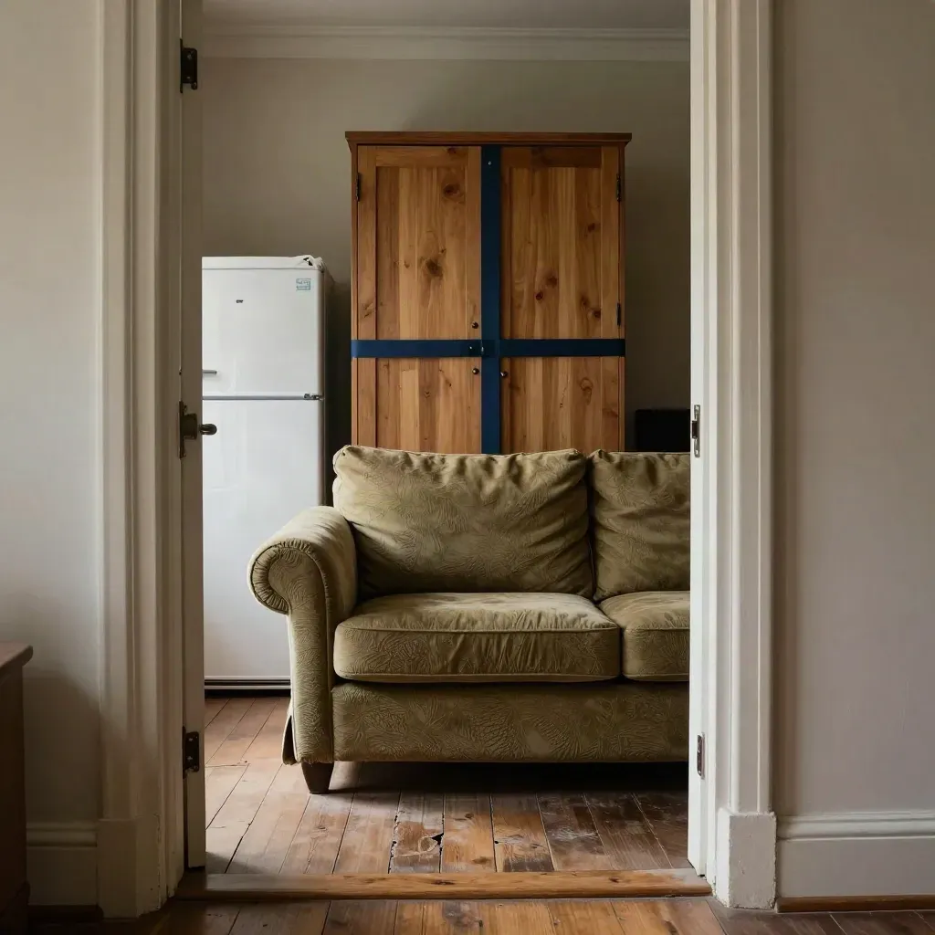 Muebles embalados junto a una puerta abierta, listos para retirarlos