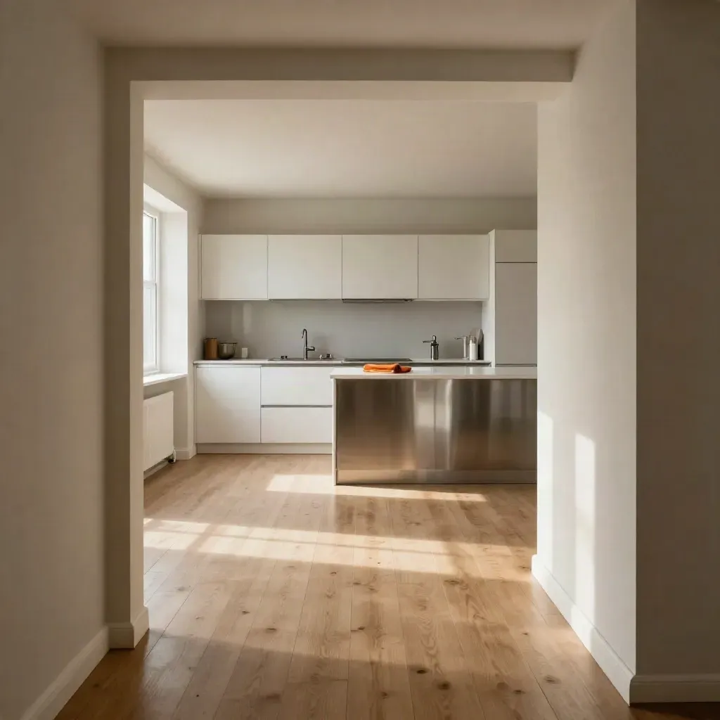 Piso heredado vacío y limpio con cocina al fondo y luz cálida de mañana.