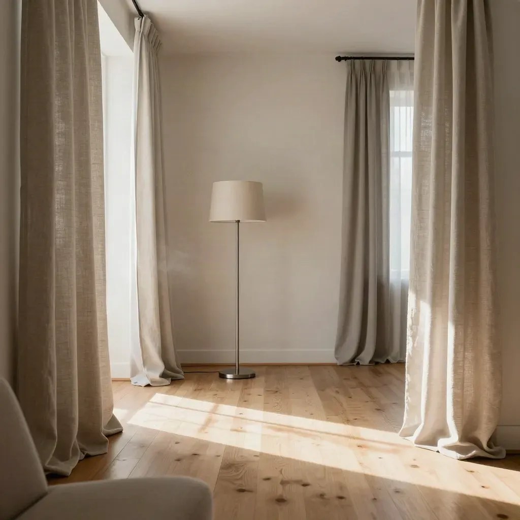 Salón vacío y limpio con cortinas abiertas y lámpara sencilla, listo para enseñar.