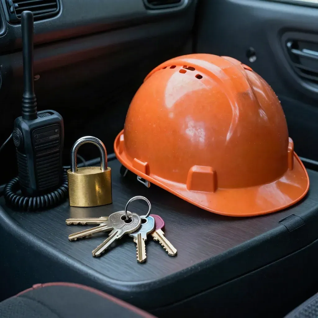 Casco, walkie, candado y llaves maestras sobre la consola de una furgoneta.