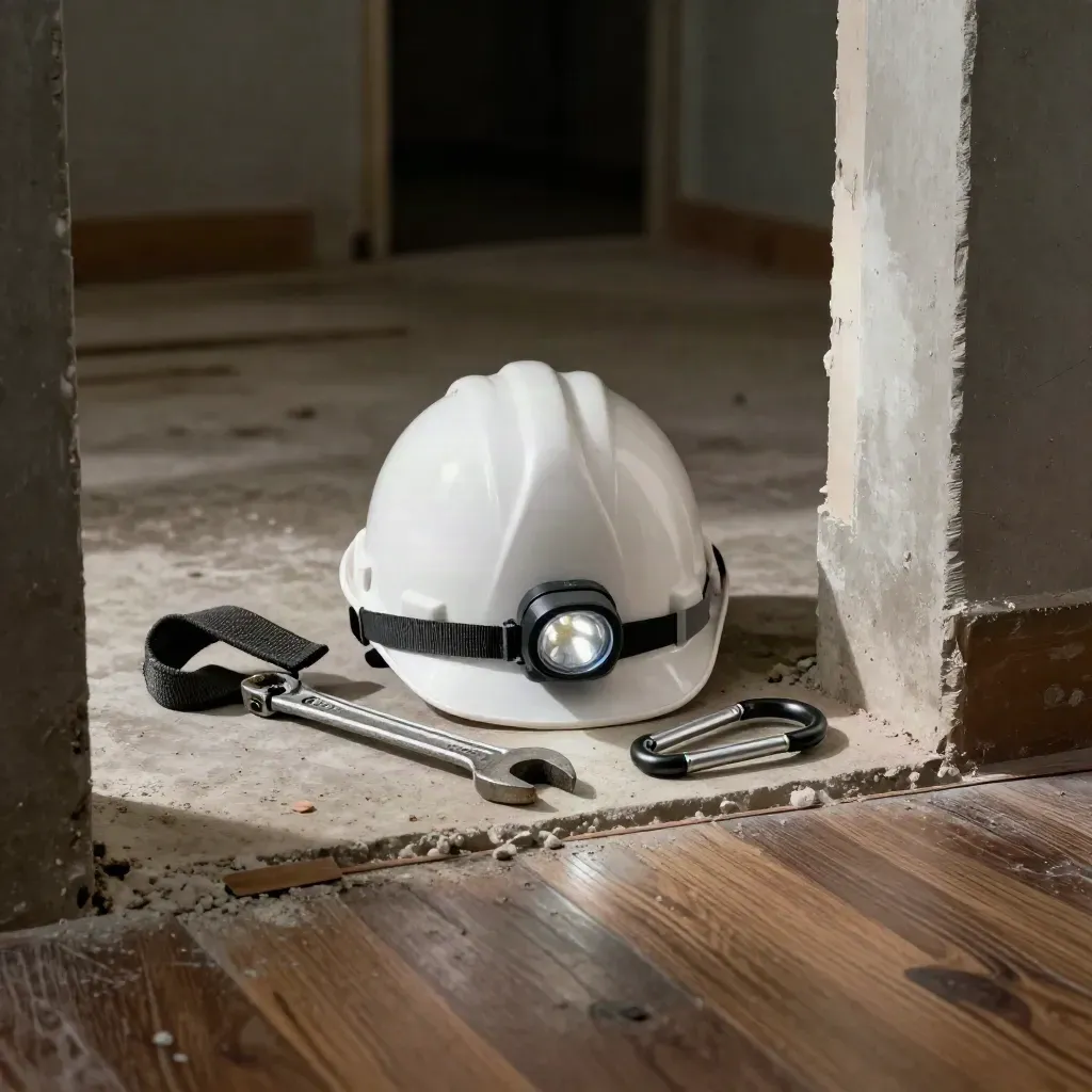 Casco blanco, linterna, llave y mosquetón sobre suelo de una vivienda vacía.