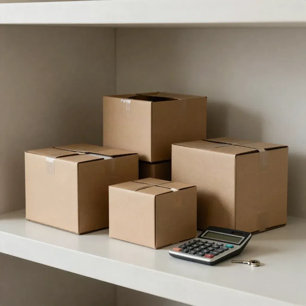 Cajas de mudanza, calculadora apagada y llave sobre una repisa clara.