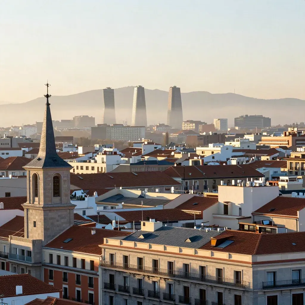 Panorámica de Madrid al amanecer, con Cuatro Torres y la sierra difuminadas sobre tejados suaves.