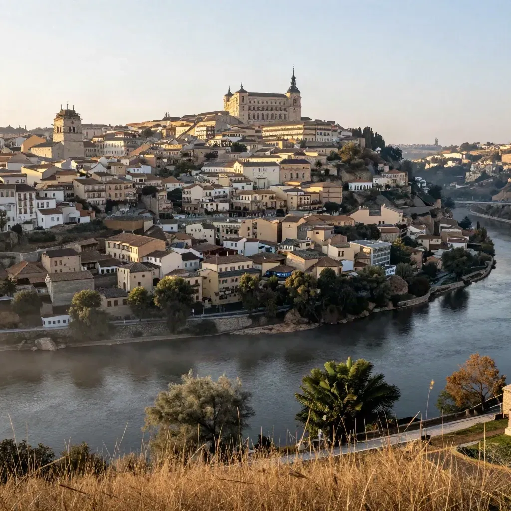 Toledo al amanecer sobre el Tajo, con niebla suave y el valle abierto abajo