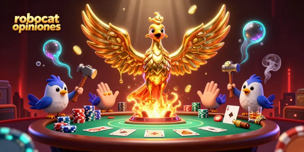 Engage with robocat opiniones as golden phoenix rises in a vibrant 3D casino scene.