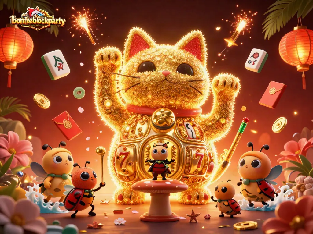 Join in the fun at bonfireblockparty with vibrant lucky cat symbols and casino elements.